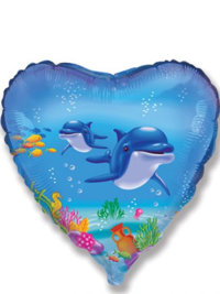 Шар сердце 45 см "Дельфины"